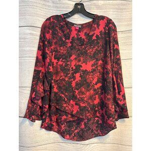 Vince Camuto Red & Black Floral Bell Sleeve Blouse V-Neck Layered Ruffle Top S